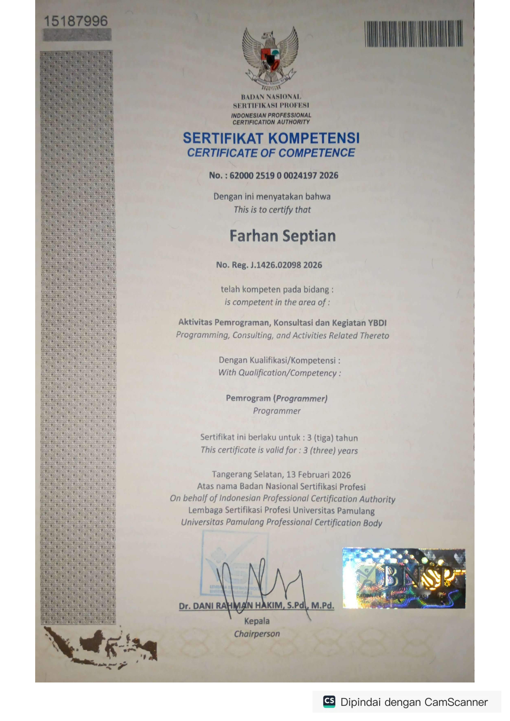 Sertifikat Kompetensi BNSP - Pemrogram